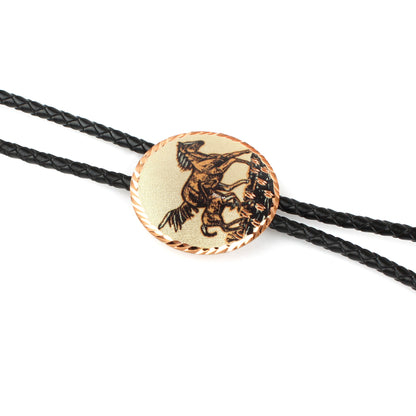 Round Etched Running Horses Copper Bolo Tie 40 inch Black Cord Made in USA