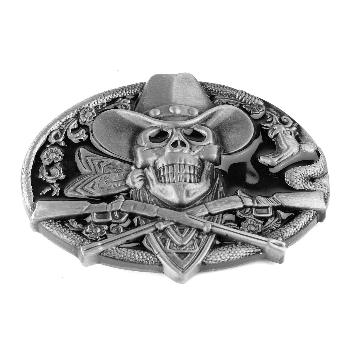 Dead Cowboy Belt Buckle Skull Crossed Guns Rattlesnake Western Fits 1.5 inch Belt