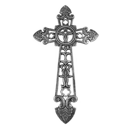 Large Gothic Wall Cross Cast Iron Silver Black Medieval Fleur De Lis 19"