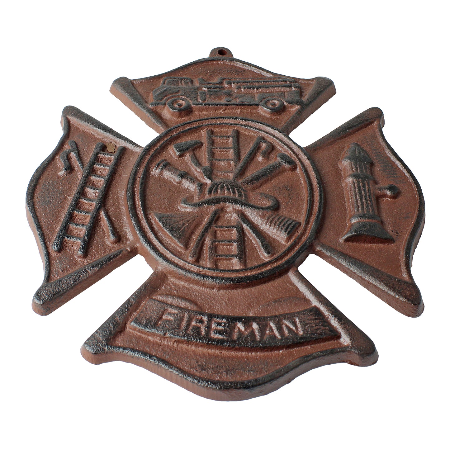 Cast Iron Fireman Firefighter Wall Plaque Cross Shield Rustic Brown Patina 9 in