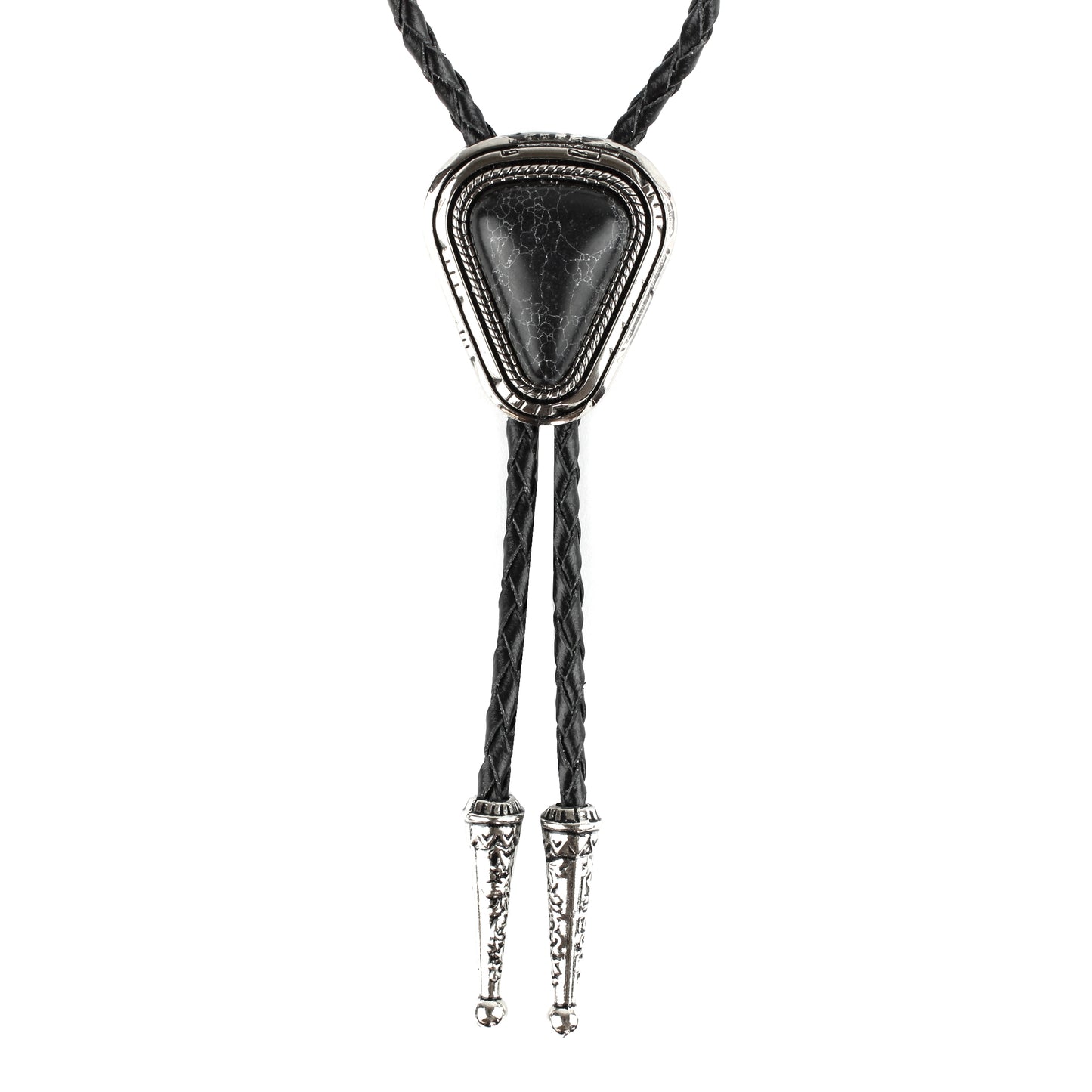 Teardrop Natural Real Black Pine Stone Bolo Tie 40" Adjustable Leather Cord