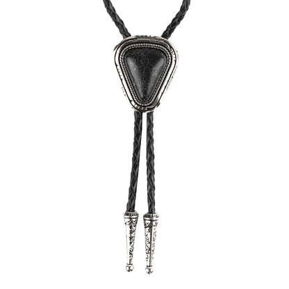Teardrop Natural Real Black Pine Stone Bolo Tie 40" Adjustable Leather Cord