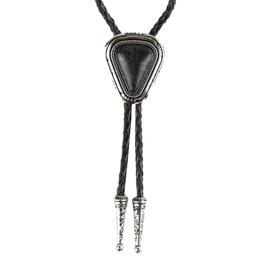 Teardrop Natural Real Black Pine Stone Bolo Tie 40" Adjustable Leather Cord