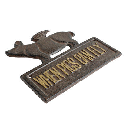 Cast Iron Flying Pig Sign When Pigs Can Fly Wall Plaque Rustic Decor 8" x 7.5"