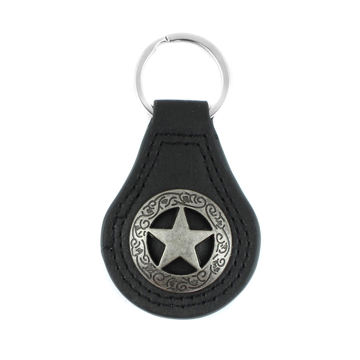 Silver Texas Star Concho Black Leather Keychain Keyring Fob Cowboy Gift 3.5 inch