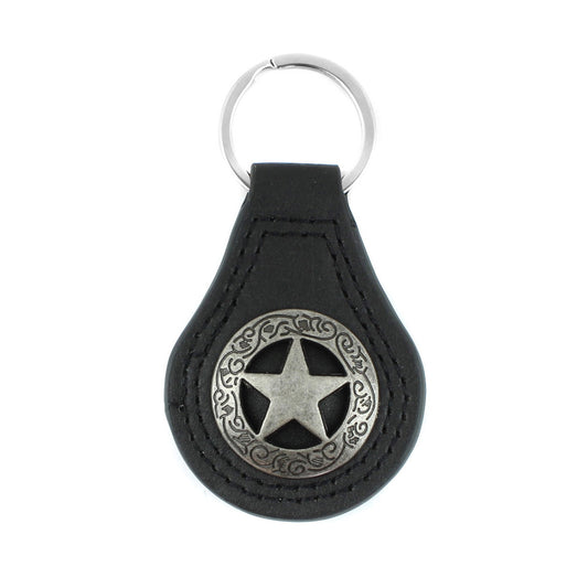 Silver Texas Star Concho Black Leather Keychain Keyring Fob Cowboy Gift 3.5 inch