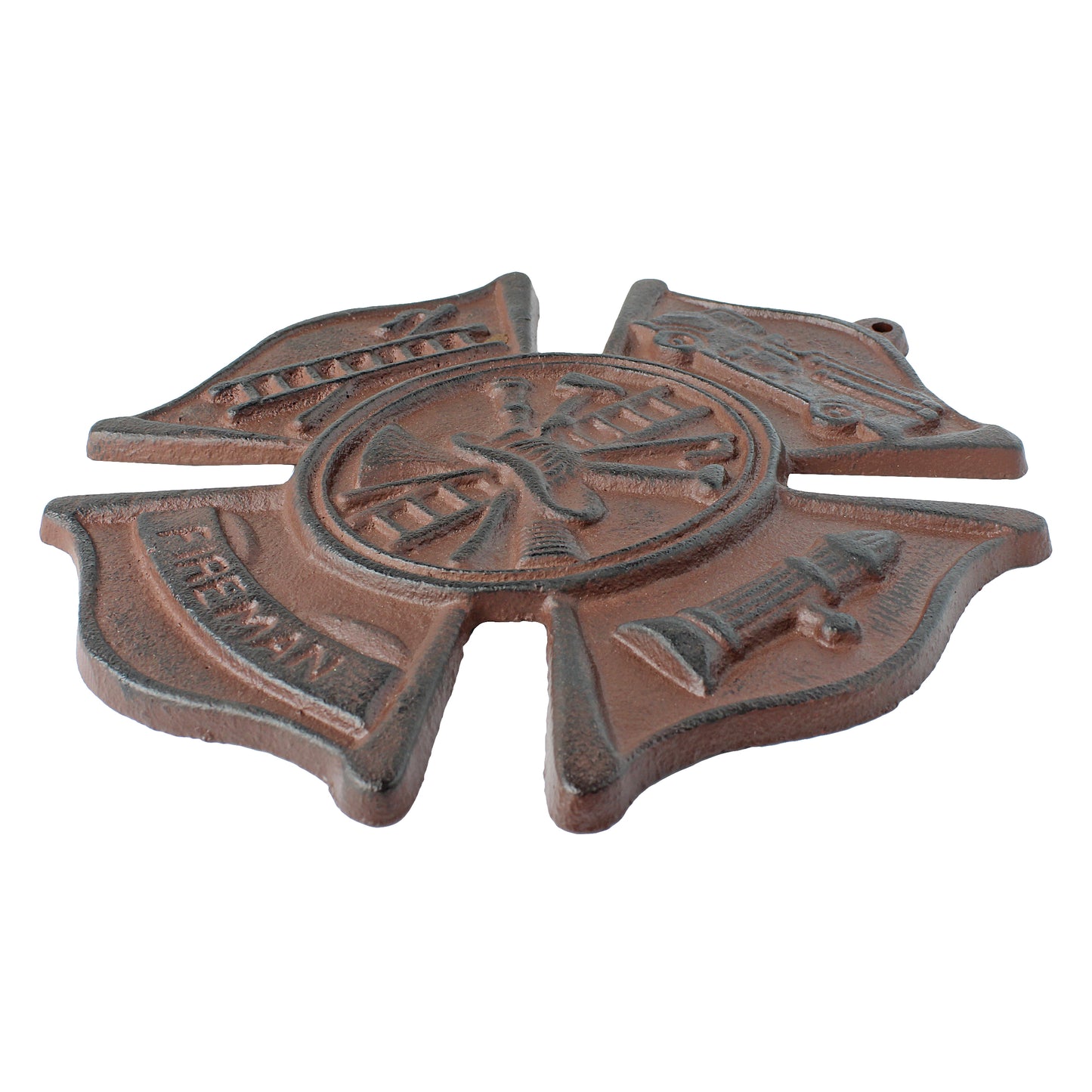 Cast Iron Fireman Firefighter Wall Plaque Cross Shield Rustic Brown Patina 9 in