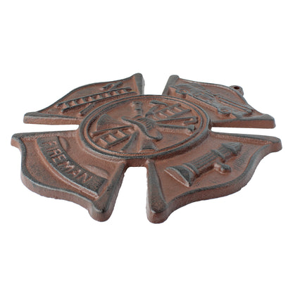 Cast Iron Fireman Firefighter Wall Plaque Cross Shield Rustic Brown Patina 9 in