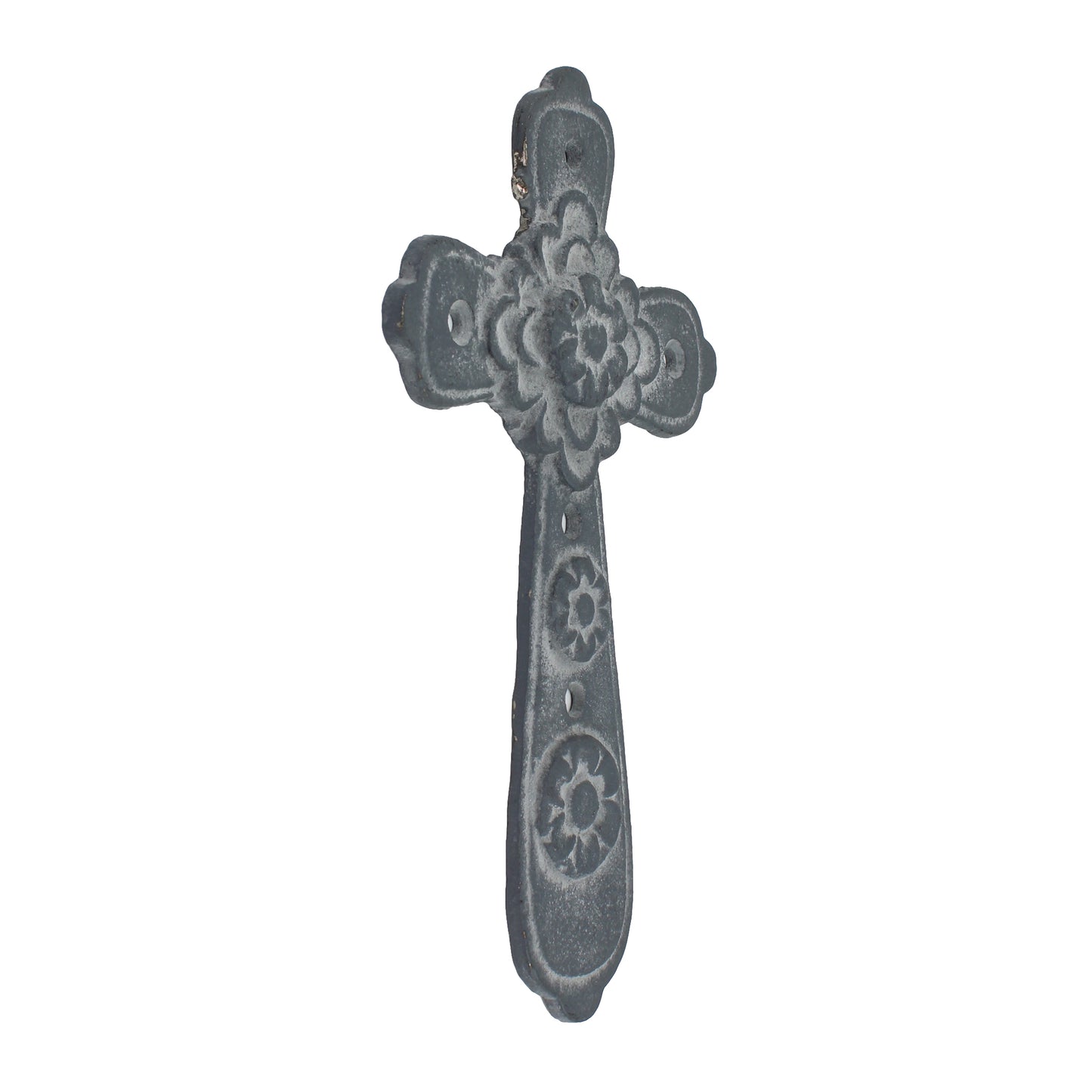 Small Flower Wall Cross Cast Iron Rustic Gray Finish Antique Style 8 x 4.5 inch