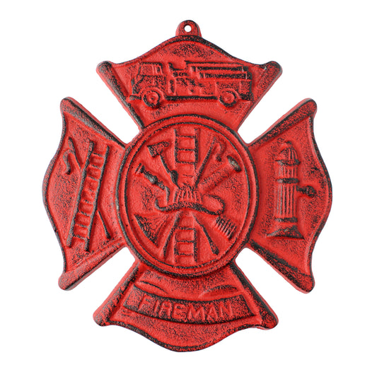 Cast Iron Red Fireman Firefighter Wall Decor Emblem Logo Plaque Maltese Cross