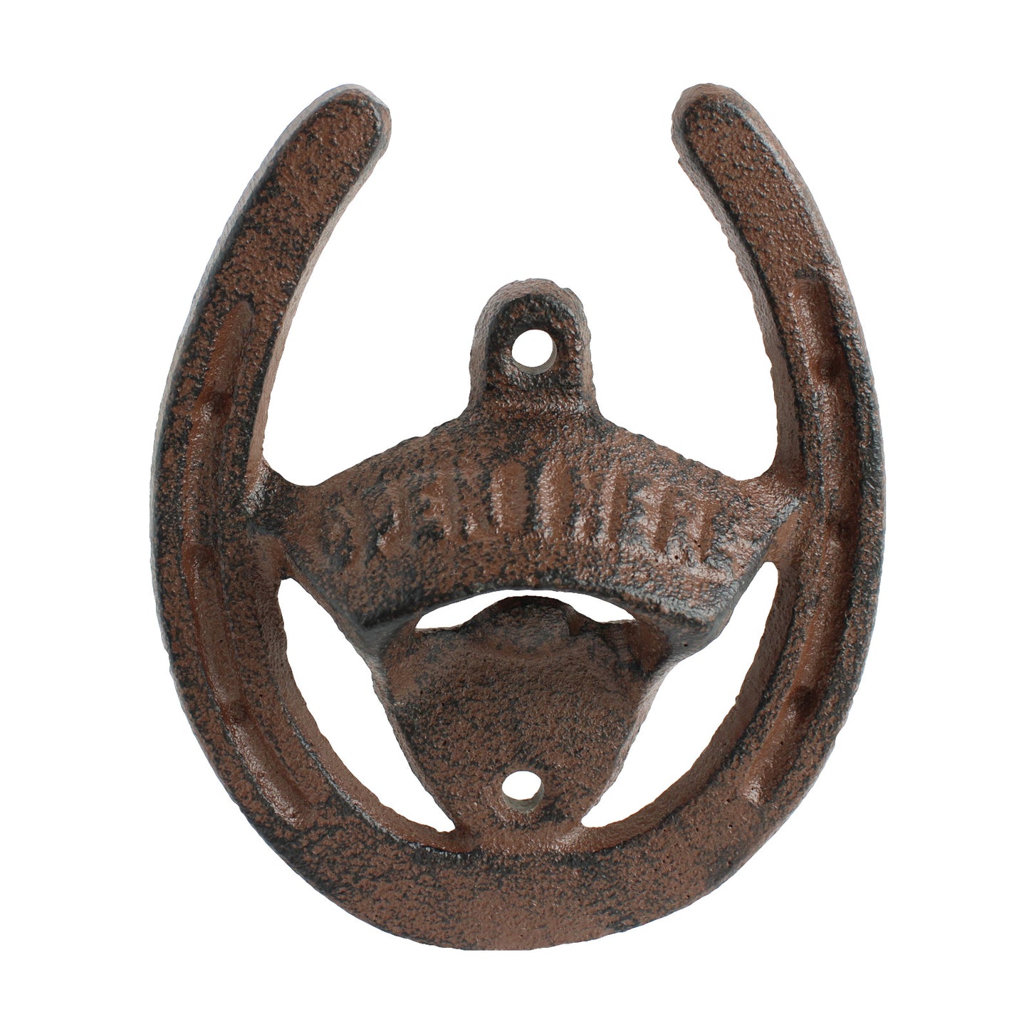 Cast Iron Lucky Horseshoe Open Here Beer Soda Bottle Opener Wall Mounted Brown