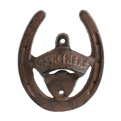 Cast Iron Lucky Horseshoe Open Here Beer Soda Bottle Opener Wall Mounted Brown