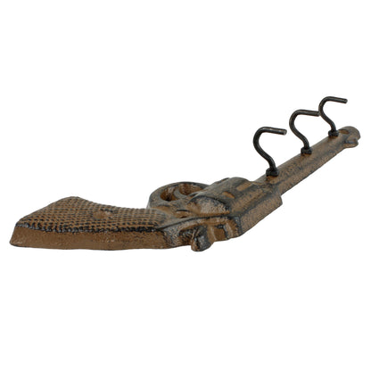 Gun Pistol Revolver Wall Hook Key Rack Cast Iron Rustic Western Brown Patina