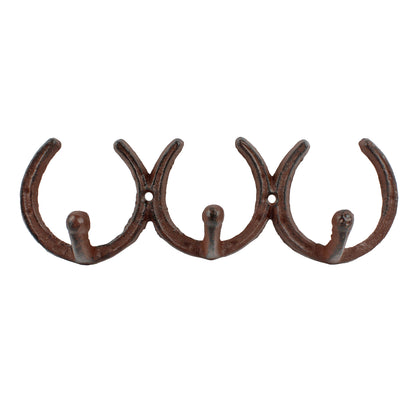 Horseshoe Triple Wall Hook Cast Iron Key Towel Coat Hanger Rustic Western Brown