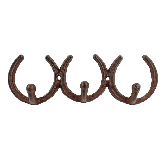 Horseshoe Triple Wall Hook Cast Iron Key Towel Coat Hanger Rustic Western Brown
