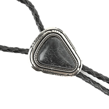 Teardrop Natural Real Black Pine Stone Bolo Tie 40" Adjustable Leather Cord