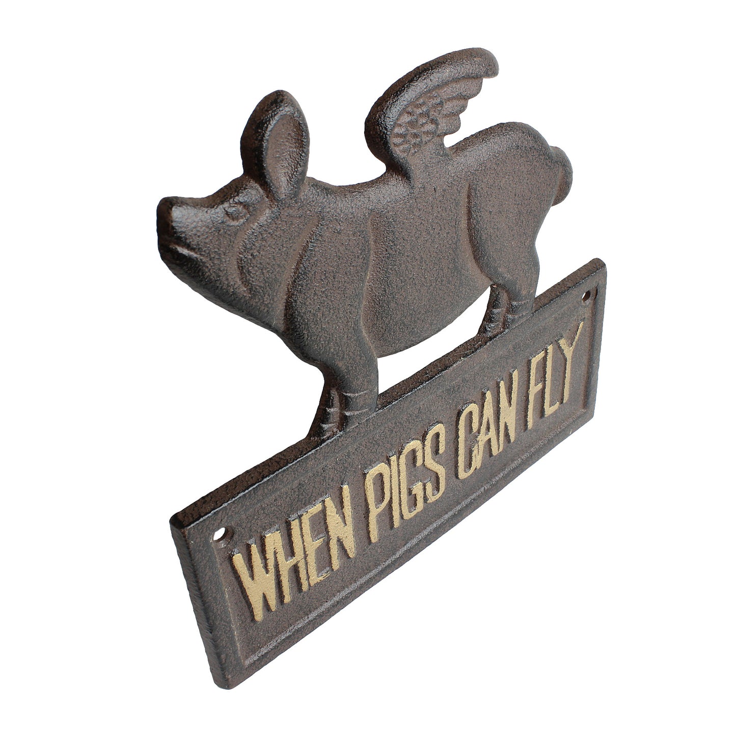 Cast Iron Flying Pig Sign When Pigs Can Fly Wall Plaque Rustic Decor 8" x 7.5"