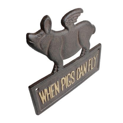 Cast Iron Flying Pig Sign When Pigs Can Fly Wall Plaque Rustic Decor 8" x 7.5"