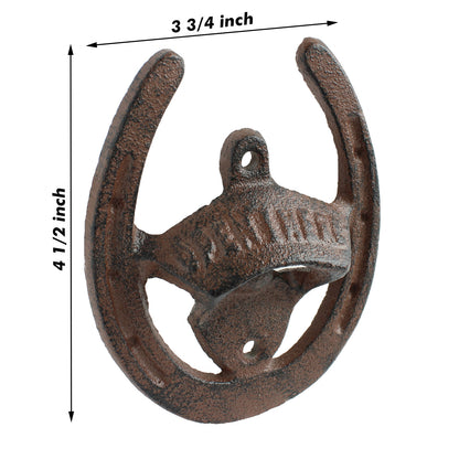 Cast Iron Lucky Horseshoe Open Here Beer Soda Bottle Opener Wall Mounted Brown