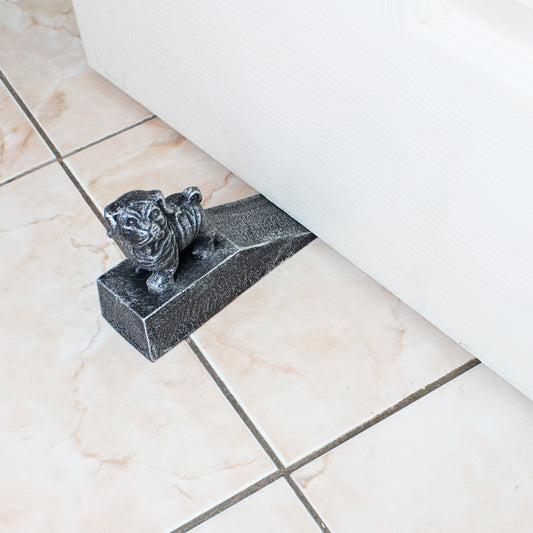 Pug Dog Doorstop Wedge Cast Iron Silver Antique Style Paper Weight Figurine