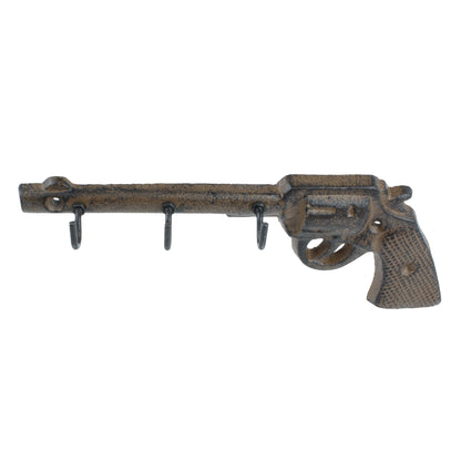Gun Pistol Revolver Wall Hook Key Rack Cast Iron Rustic Western Brown Patina