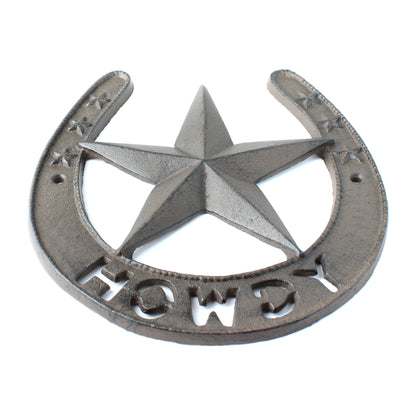 Large Cast Iron Howdy Texas Lucky Horseshoe Star Wall Decor Rustic Brown 8 in