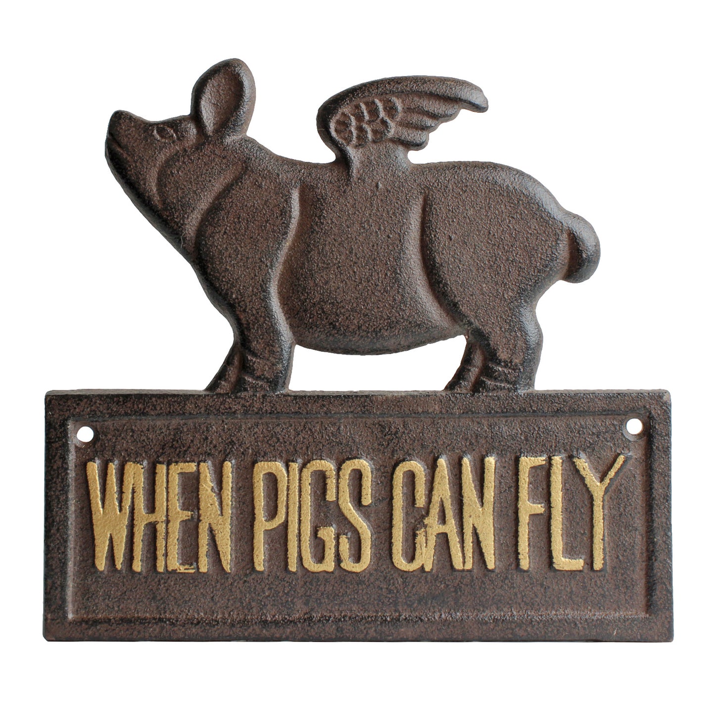 Cast Iron Flying Pig Sign When Pigs Can Fly Wall Plaque Rustic Decor 8" x 7.5"