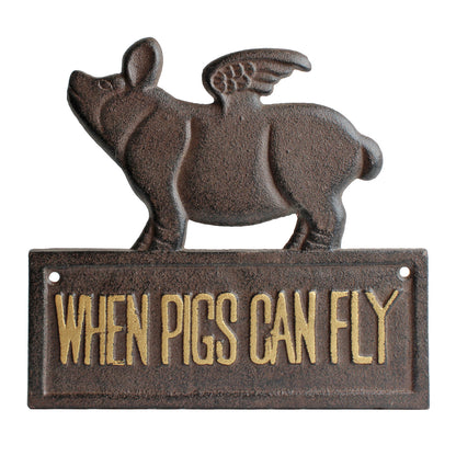 Cast Iron Flying Pig Sign When Pigs Can Fly Wall Plaque Rustic Decor 8" x 7.5"