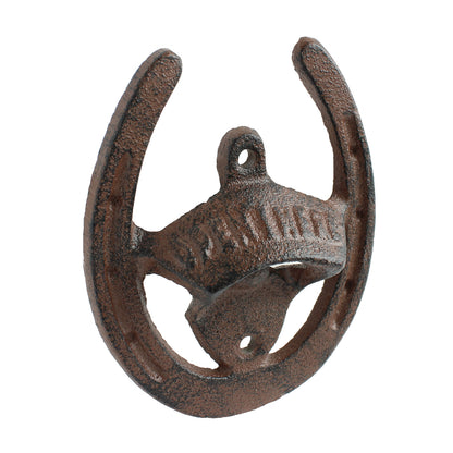 Cast Iron Lucky Horseshoe Open Here Beer Soda Bottle Opener Wall Mounted Brown