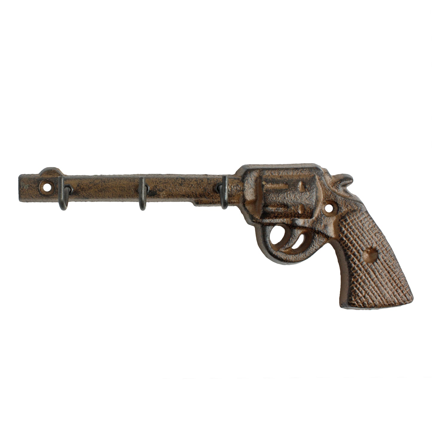 Gun Pistol Revolver Wall Hook Key Rack Cast Iron Rustic Western Brown Patina