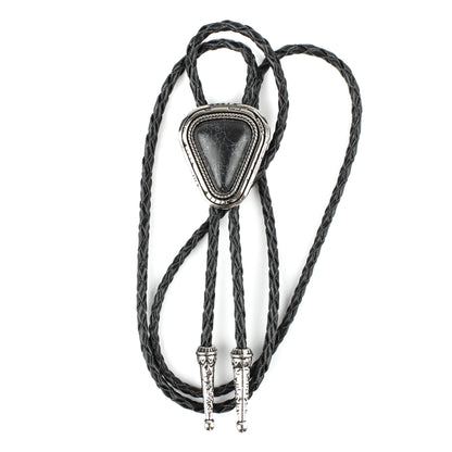 Teardrop Natural Real Black Pine Stone Bolo Tie 40" Adjustable Leather Cord