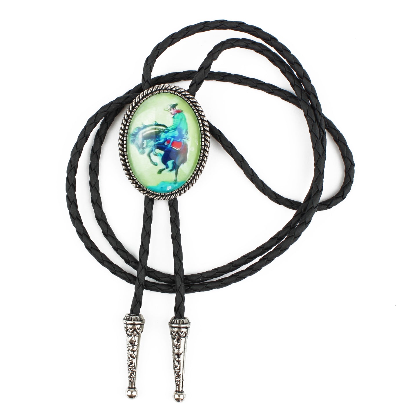 Oval Glow In The Dark Bucking Horse Cowboy Bolo Tie 40 in Adjustable Black Cord