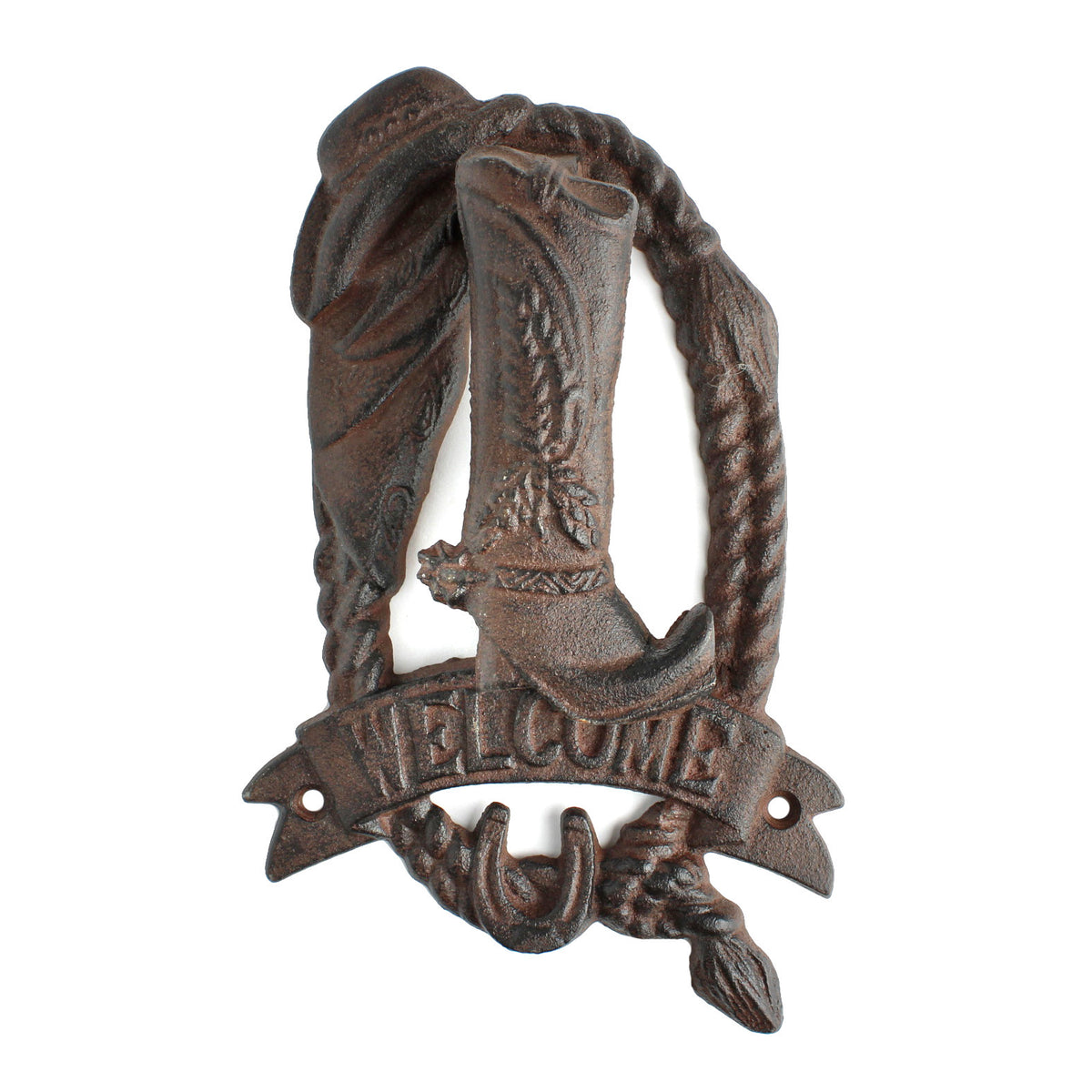 Cast Iron Western Welcome Door Knocker Cowboy Boot Hat Horseshoe Rope Rustic