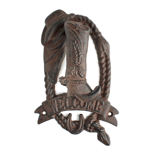 Cast Iron Western Welcome Door Knocker Cowboy Boot Hat Horseshoe Rope Rustic