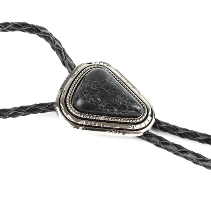 Teardrop Natural Real Black Pine Stone Bolo Tie 40" Adjustable Leather Cord