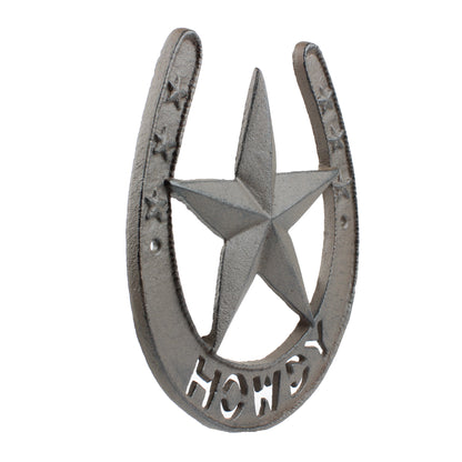 Large Cast Iron Howdy Texas Lucky Horseshoe Star Wall Decor Rustic Brown 8 in