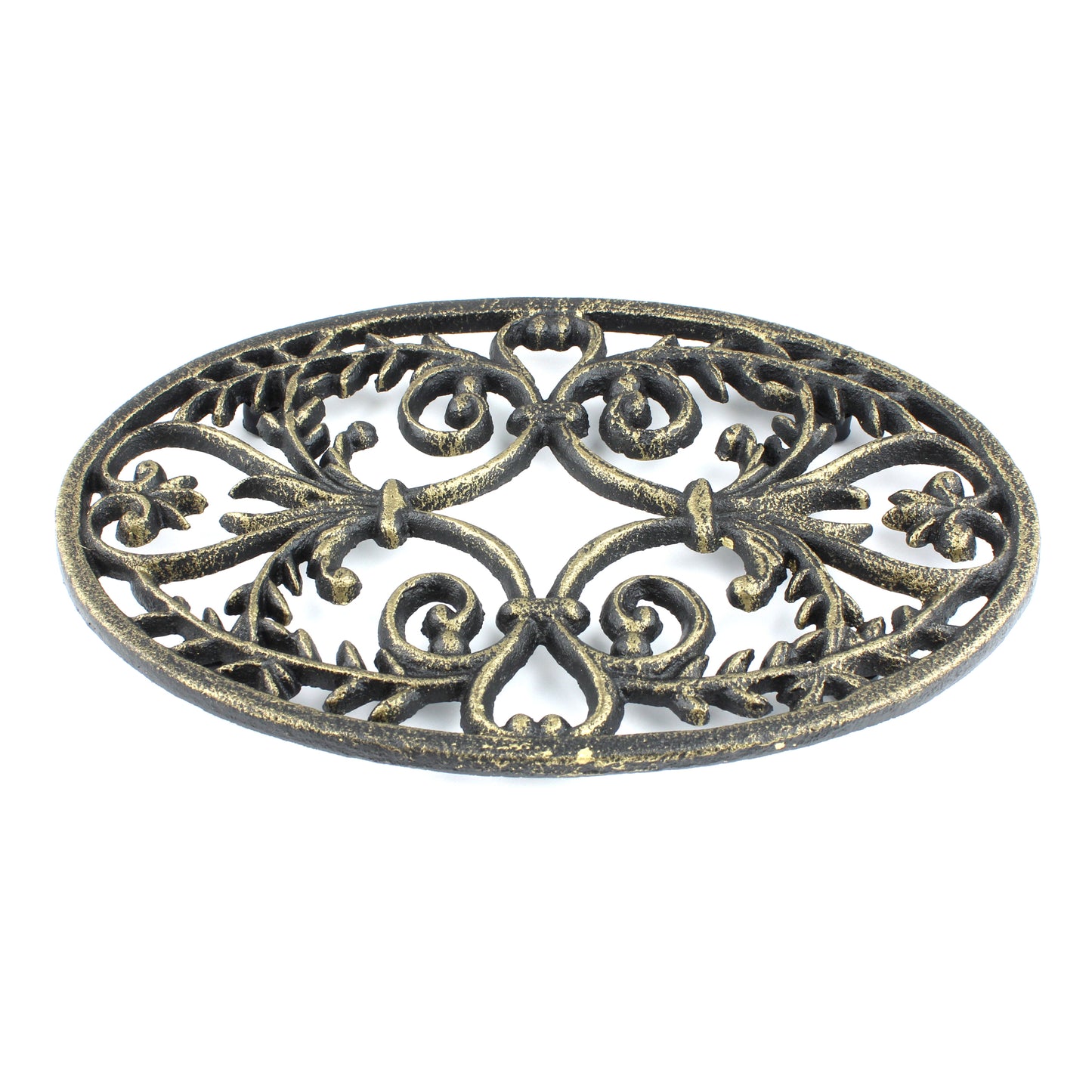 Fleur De Lis Oval Trivet Cast Iron Gold Patina Ornate Scrolls Antique Style