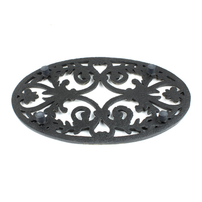 Fleur De Lis Oval Trivet Cast Iron Gold Patina Ornate Scrolls Antique Style