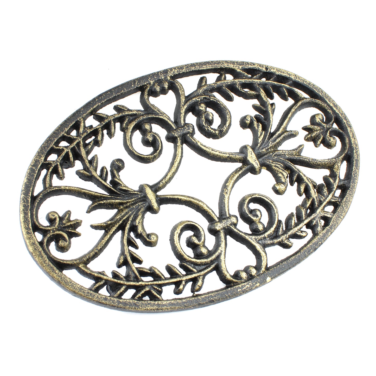 Fleur De Lis Oval Trivet Cast Iron Gold Patina Ornate Scrolls Antique Style