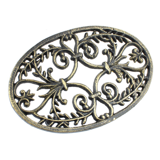 Fleur De Lis Oval Trivet Cast Iron Gold Patina Ornate Scrolls Antique Style