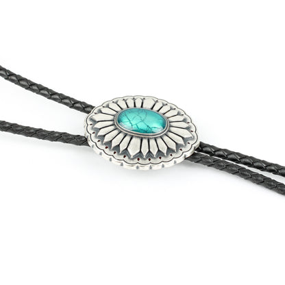 Southwestern Turquoise Bolo Tie Real Silver Plated 38" Adjustable Leather Cord