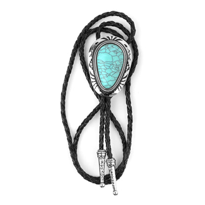 Teardrop Turquoise Stone Bolo Tie 40 inch Leather Cord Tribal Carved Pendant