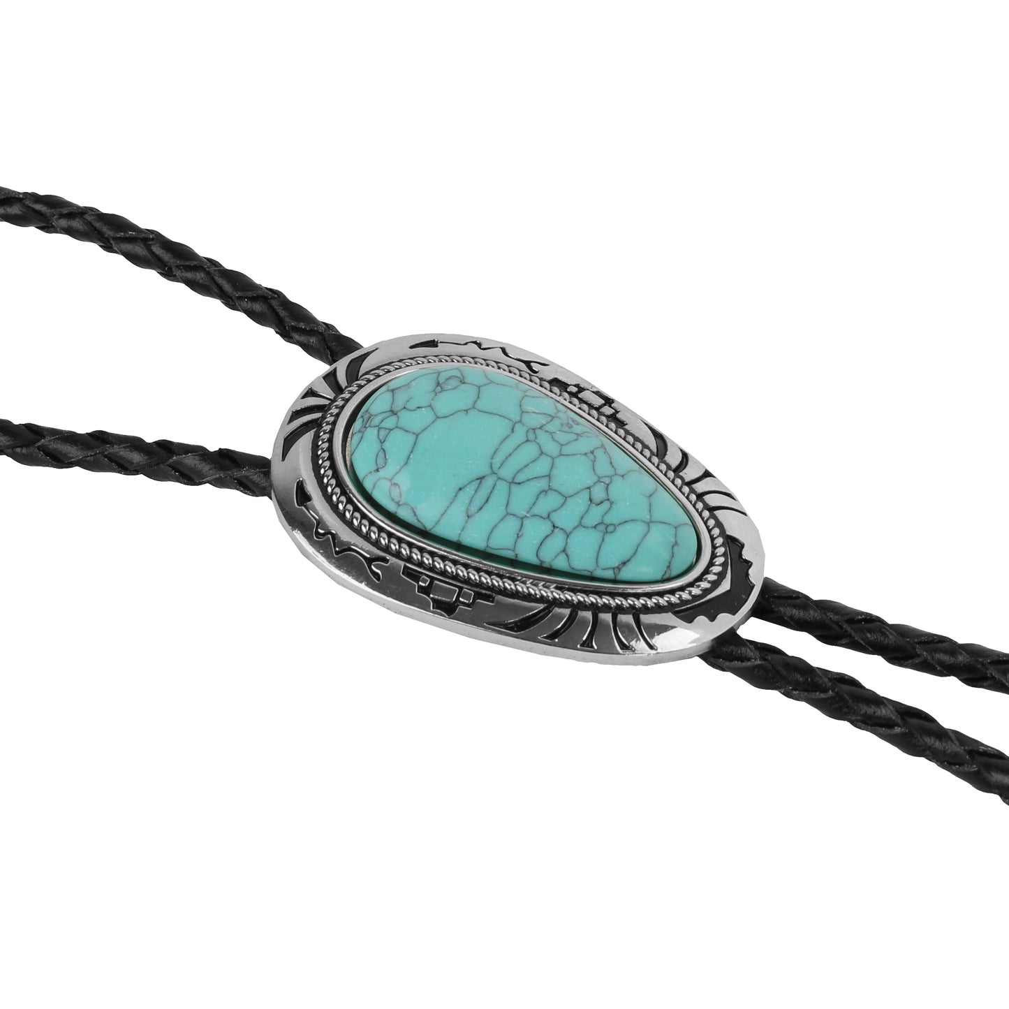 Teardrop Turquoise Stone Bolo Tie 40 inch Leather Cord Tribal Carved Pendant