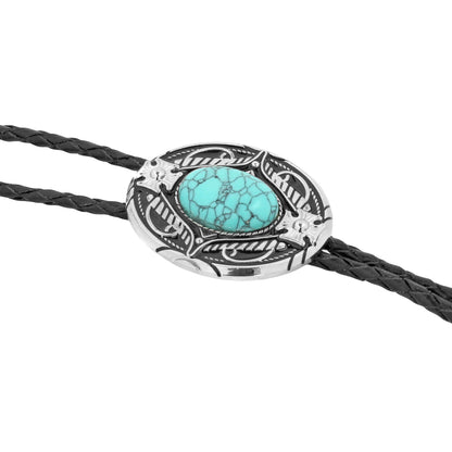 Oval Turquoise Natural Stone Bolo Tie Maltese Cross 40 inch Black Leather Cord