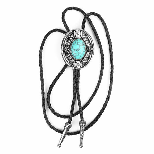 Oval Turquoise Natural Stone Bolo Tie Maltese Cross 40 inch Black Leather Cord