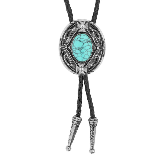 Oval Turquoise Natural Stone Bolo Tie Maltese Cross 40 inch Black Leather Cord