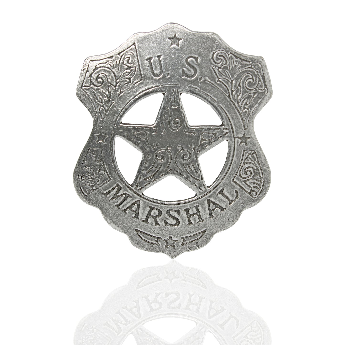 US Marshal Shield Floral Badge Star Old West Replica Antique Silver Made in USA