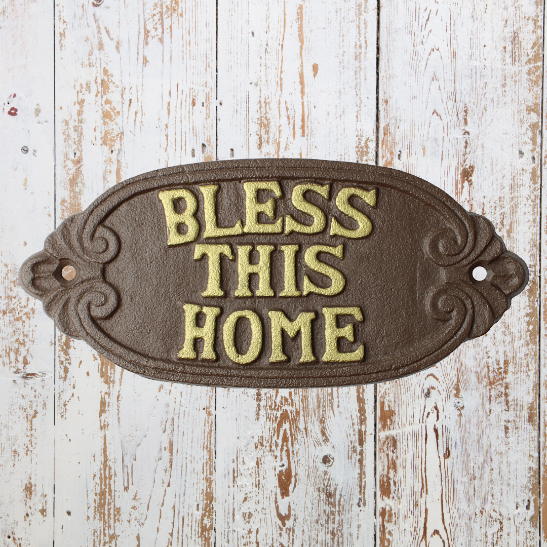 Cast Iron Bless This Home Wall Plaque Sign Rustic Brown Religious Home Decor 8 inch