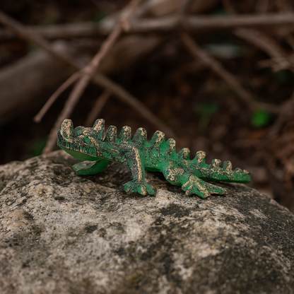 Verdigris Cast Iron Horned Horny Toad Lizard Figurine Green & Gold 6.5 inch