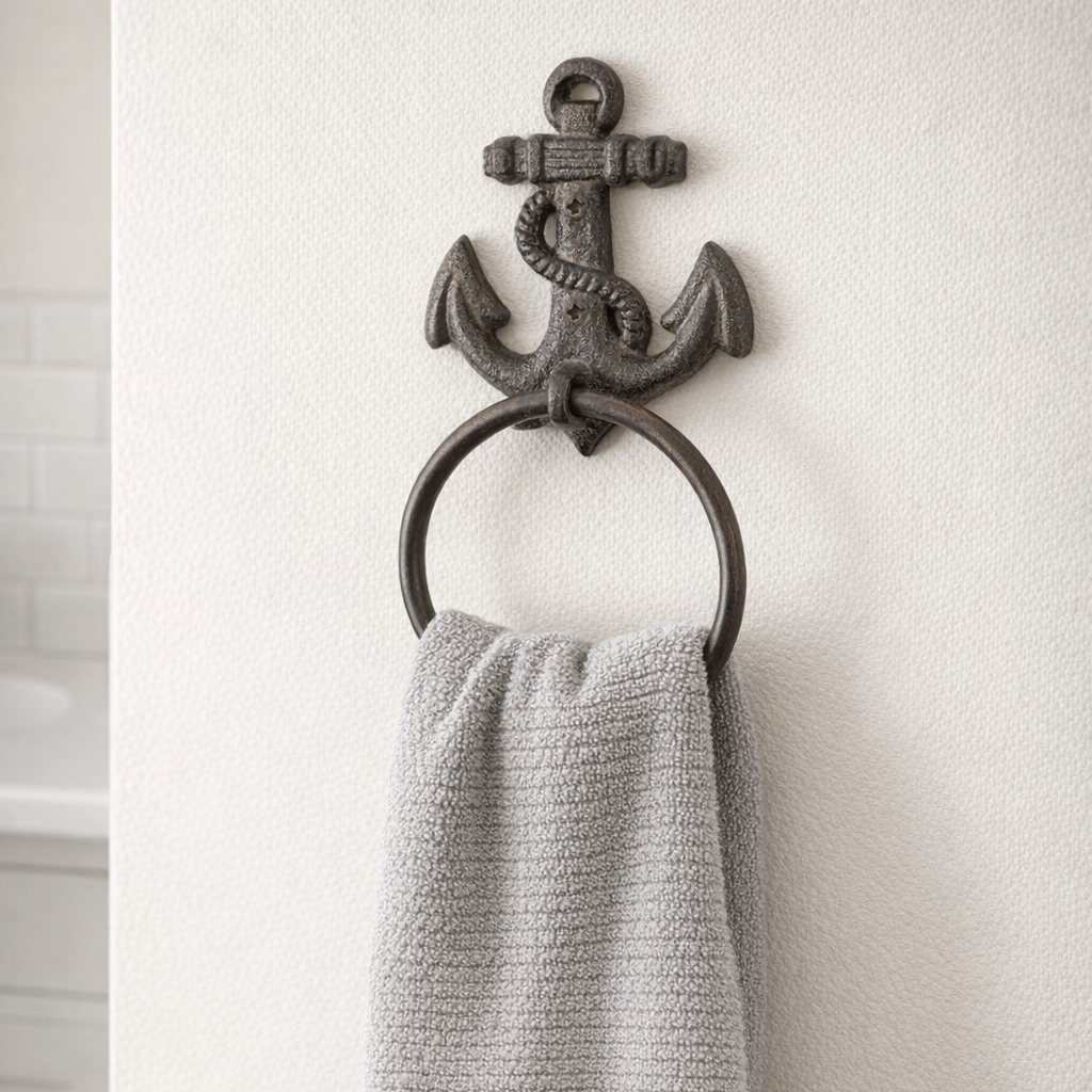 Anchor Towel Ring Hanger Cast Iron Rustic Nautical Beach Decor Brown